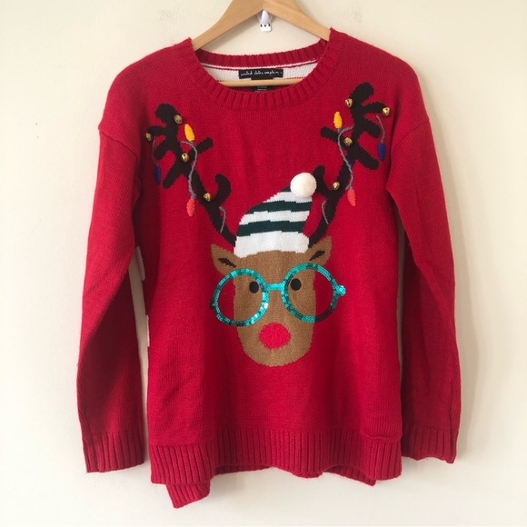 united states sweaters Sweaters - Women’s Red Christmas Sweater, Rudolf on Front and Jungle Bell Details Size S